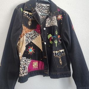 Vintage Western wear embroidered Patchwork silk denim jacket szL