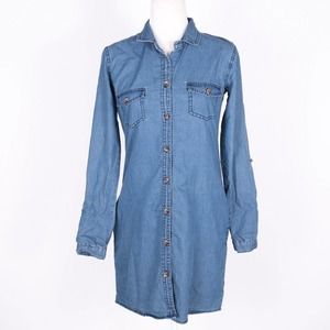 NEW Spoon Women's Shirt Tunic Dress Sz Small Blue Denim Roll Tab Sleeve Collared