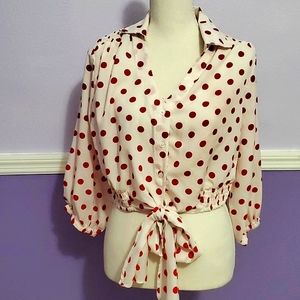 Wishing Waves Cream & Red Polka Dot Tied Waist Button Up Top Picnic Retro