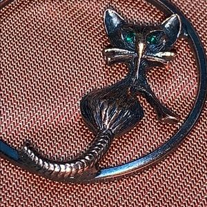 Vintage copper green eyed cat pendant necklace