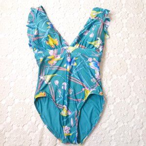 Modcloth Swimsuit One Piece Blue Pink Floral Flutter Cap Sleeve V Neck XL Women