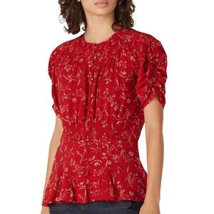 Polo Ralph Lauren Floral Printed Button Front Peplum Short Sleeve Blouse Red 12