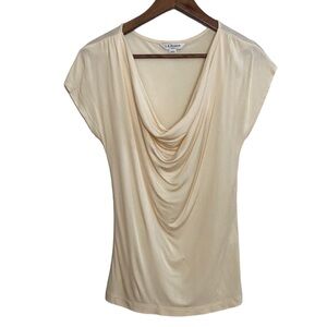 LK Bennett Top Womens Small Ivory Satin Stretch Cowl Neck Cap Sleeve Blouse