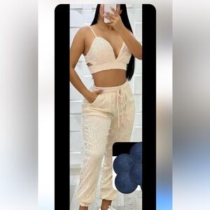 Rosevelvet set pants and top sleeveless 2 piece beige sequin New