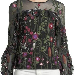 Red Carter Blouse with lace top and flower stitched detail. NWT. Size Small.