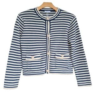 NWT Sioni Striped Crew Neck Cardigan Size L Navy White Classic Polished Preppy