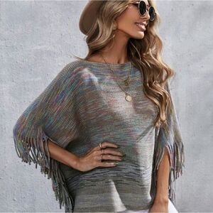 Space Dye Fringe Poncho Sweater