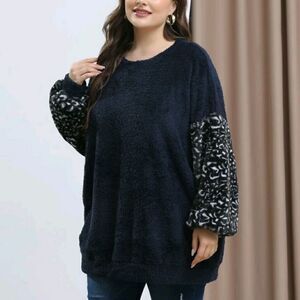 Plus Leopard Pattern Drop Shoulder Flannel Pullover