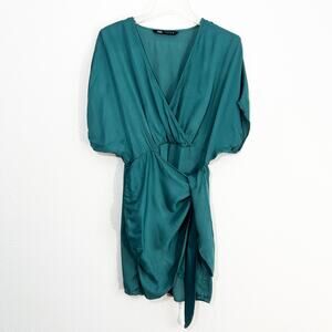 Zara V-Neck Faux Wrap Mini Dress Women's Medium Teal