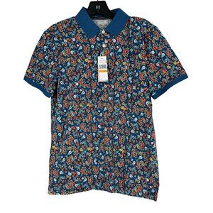 Penguin Men’s Golf Polo Shirt Blue Floral All Over Print Sz Small