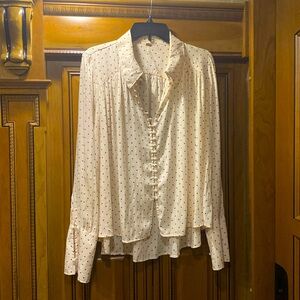 Free People Beige Polka Dot Button Up Long Sleeve Blouse Size Medium