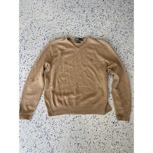 Vintage Polo Ralph Lauren Sweater Mens 2XL Brown 100% Lambs Wool V Neck Holes