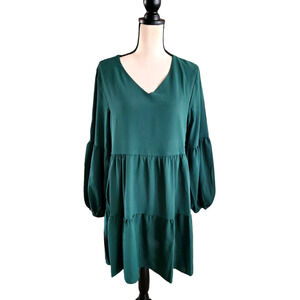 Kelly Green V-Neck Tiered Knee Length Swing Dress Sz L NWOT