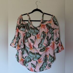 Seven Sisters Peach Tropical Floral Cold Shoulder Top