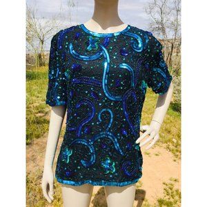 Vintage Laurence Kazar 100% Silk Sequined Beaded Blouse Size S/M NWT