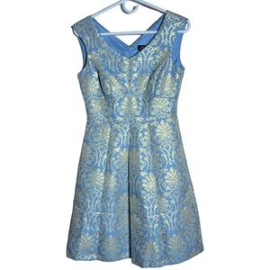 Tahari A-Line Sleeveless Dress Blue Gold Damask, Size 2