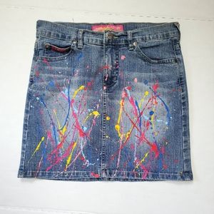 Vintage 90s Miskeen Paint Splash Denim Mini Skirt Skater Streetwear Size XS