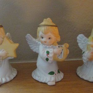 5/$30 Three Christmas Angels musical instrument star candle figurines 4"