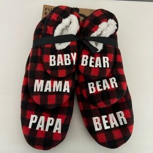 Papa Mama Baby Bear Family Slippers 3 Piece Set Fuzzy Babba Red Black Plaid