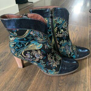 Socofy Bohemian Blue and Gold Metallic Ankle Boot Size EU 42, US 9