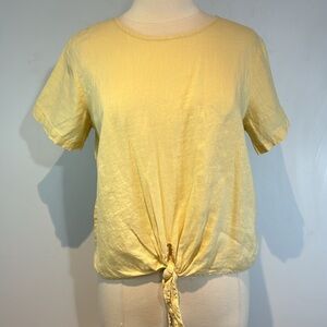 Rachel Zoe butter Yellow 100% Linen Tie Front Button Back Top  Short Sleeve M