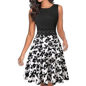 WOMEN'S Vintage Floral Lace Flared Dress Black-White-Floral