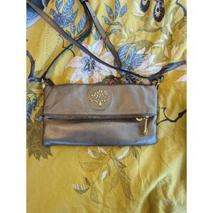 MULBERRY silver leather crossbody bag with foldover pocket zip closure euc