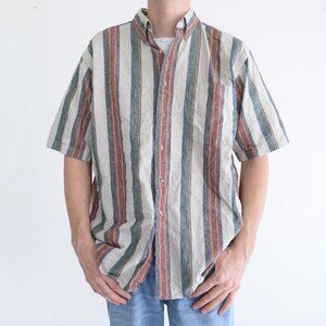 90s Van Heusen "Over Easy" Tan And Green Stripe Short Sleeve 55% Linen Shirt Med