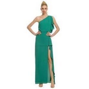 BCBGMaxazria Kendal One Shoulder Ruffle Side Slit Evening Gown Green Size 0