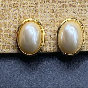 NAPIER Clip-On Faux Pearl Cabachon Gold Tone Earrings