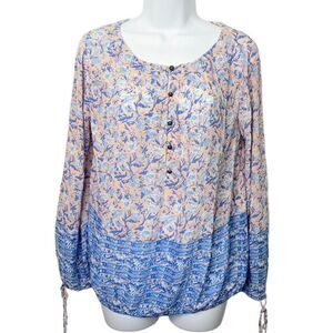 Lucky Brand Women’s M Floral Boho Blouse Pink Blue Top Peasant ￼