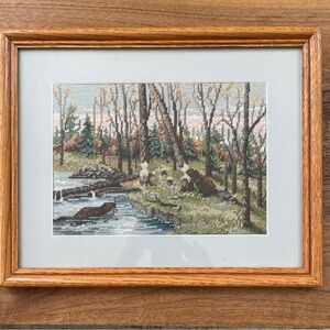 VINTAGE Handmade Needlepoint Picture Beavers Forest Scene Framed Cabincore Art