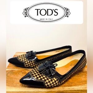 TODS Houndstooth Black Patent Leather Tan Beige Brown Pointed Toe Ballet Flats