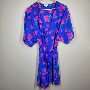 Vintage Y2K Barbizon Purple Blue Floral Sheer Chiffon Robe Large Waist Tie