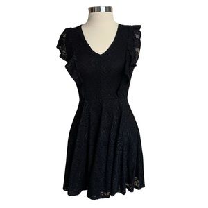 MIAMI Black Lace Dress Size Medium Flutter Sleeve V- Neck