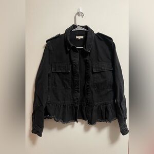 Gilli - Women’s Ruffle Peplum Raw Hem Black Button Up Denim Jacket - Size S