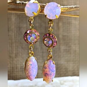 Swarovski Pink Opal, Flower & Pink Fire Opal in Drop Dangle Yellow Gold Earrings