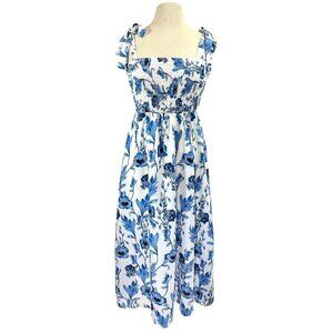 Michael Laperle Dress Women Size 0 White/Blue Maxi Floral Smocked Shoulder Tie