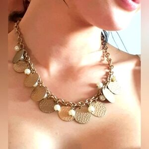 2/$20! Gold & pearl jangly coin statement necklace, adjustable