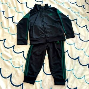 Adidas toddler sportswear jacket, and pants set in black with dark green stripes