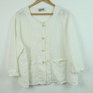 FLAX White Linen Button Front Top Jacket Pockets Boxy Lagenlook Large 3/4 Sleeve