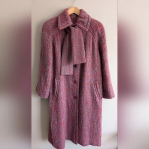 Vintage Mohair Coat, Pink Mohair Blend Mid Length Over Coat, With Tie Collar