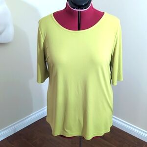 Susan Graver| Greenish Yellow Short Sleeved Blouse With Buttoned Slit Sleeves