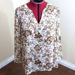 Susan Graver| White and Brown Shirt Floral Sheer With Gold Sparkle Details