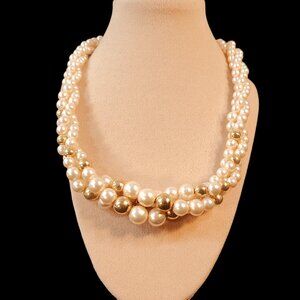 Napier Faux Pearl Graduated Twisted Triple Strand Choker Necklace 17"