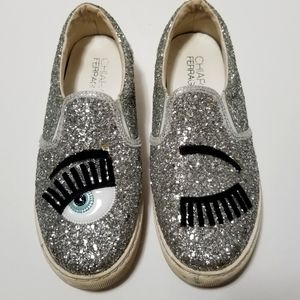 CHIARA FERRAGNI Glitter Eyes Silver Women's Slip-on Sneaker Shoe. Size: …