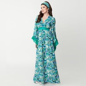 Unique Vintage 1960s Teal and Blue Psychedelic Floral Maxi Dress, NWOT, Size 1X