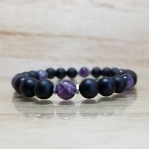 Black Onyx & Amethyst Beaded Gemstone Bracelet