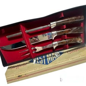 VTG Sheffield English Staintless Carving Set 3 Pc Bakelite Cutlery Forever Sharp