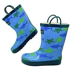 Oaki Unisex Kids Blue Sharks & Turtle Rubber Pull On Rain Snow Boots Size 13